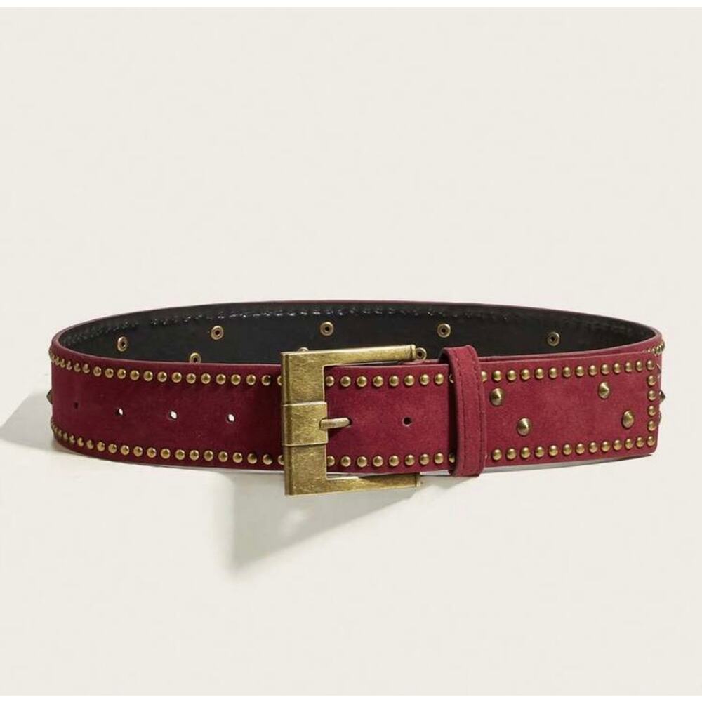 NWT Wine Burgundy Faux Suede Studded Belt Designer Inspired Vintage Western Boho - Picture 7 of 8